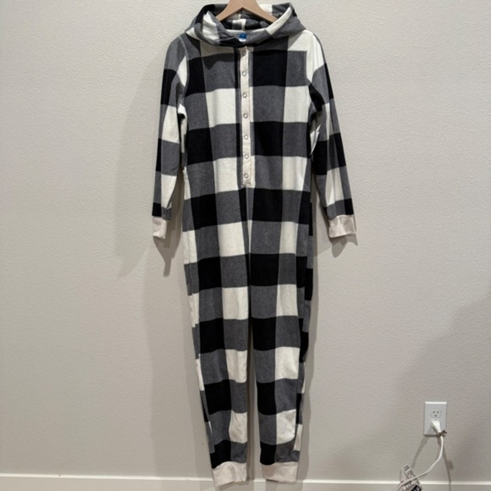 OLD NAVY Womens Buffalo Plaid Hooded One Piece Pajamas Size M Fleece Cozy Onesie